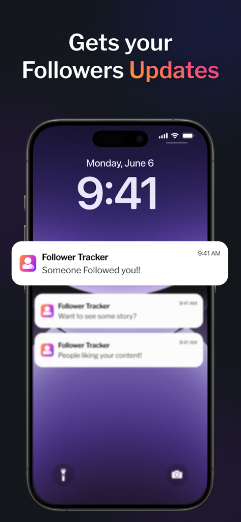 Unfollow Tracker for Instagram - Pantalla de bloqueo del iPhone que muestra notificaciones push para nuevos seguidores y actualizaciones de interacción