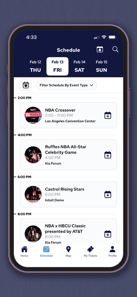 NBA Events - Screenshot of the NBA Events app showing a daily schedule of basketball events and fan activations