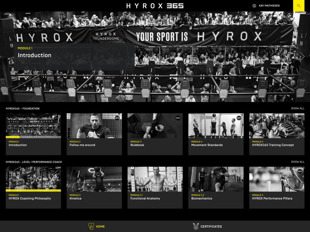 HYROX Academy for iPad - Dashboard of the HYROX Academy iPad app showing professional training modules for coach certification including Foundation and Level 1 Performance Coach tracks.