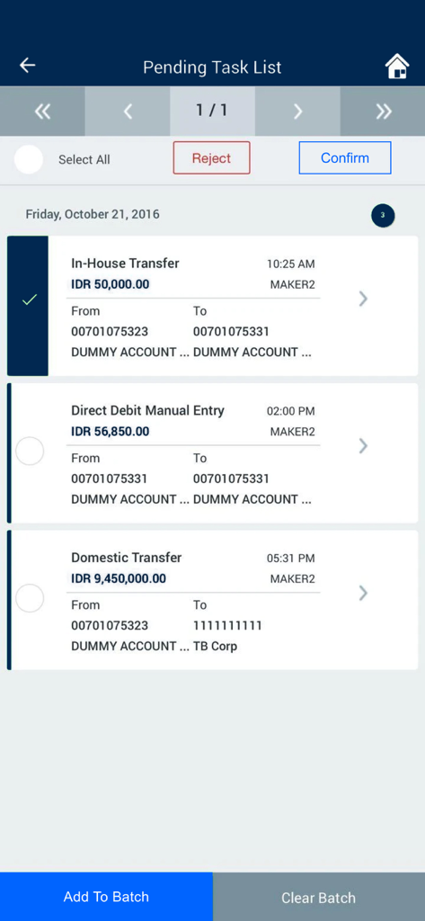 Permata eBusiness - Mobile interface of Permata eBusiness showing a pending task list with transaction approval and rejection options for business bank accounts.