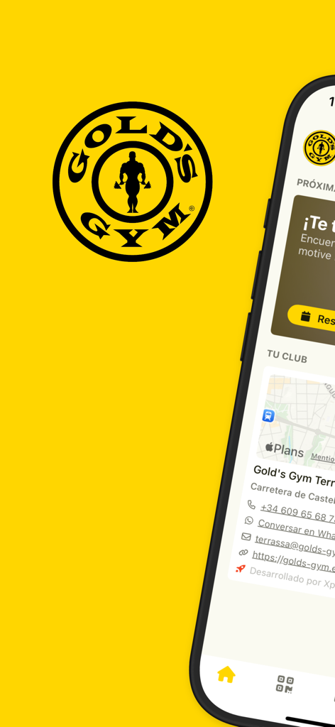 Golds Gym Espana app displaying club location and contact information on a yellow background