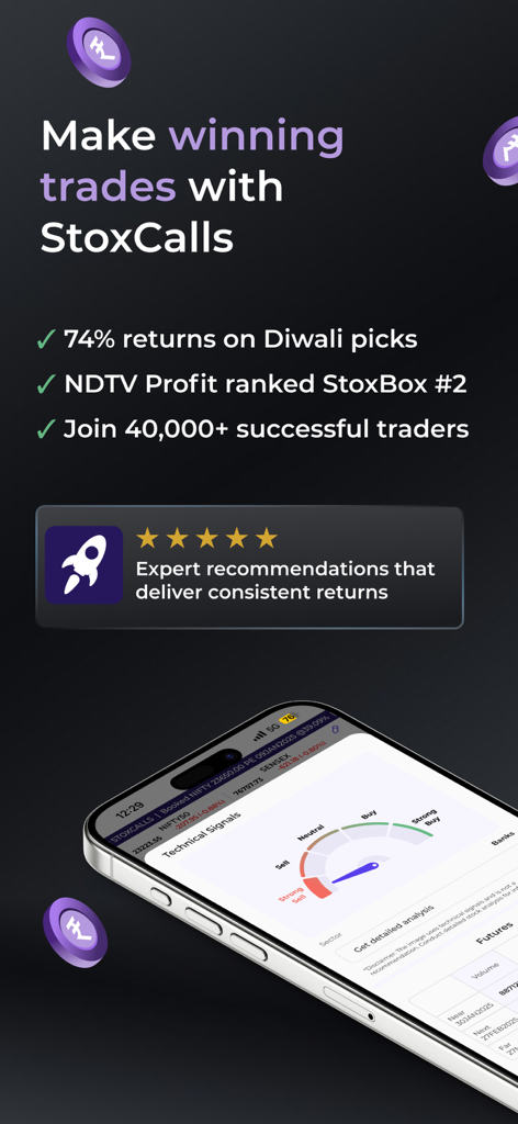 Interfaz de la aplicación de trading StoxBox que muestra recomendaciones de expertos de StoxCalls y señales técnicas