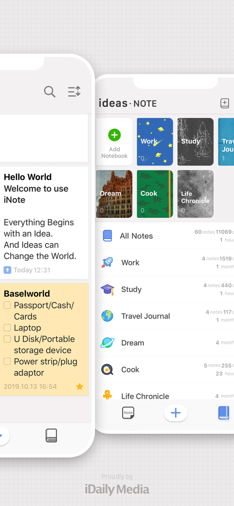 iNote app interface showing organized notebooks and checklists with aesthetic design