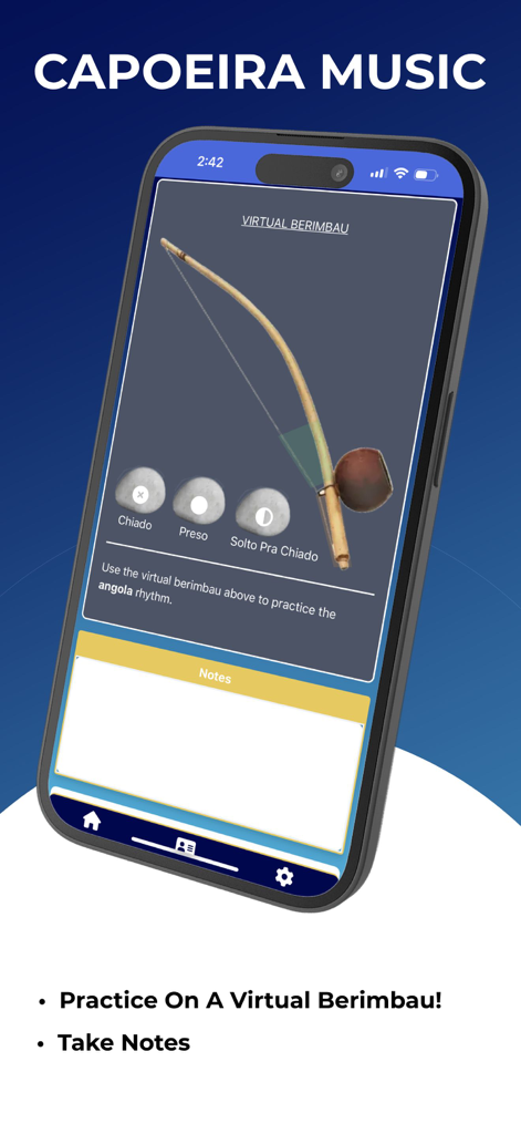 Capoeira Journal - A mobile screen showing a virtual berimbau instrument interface for practicing rhythms and taking notes in the Capoeira Journal app.