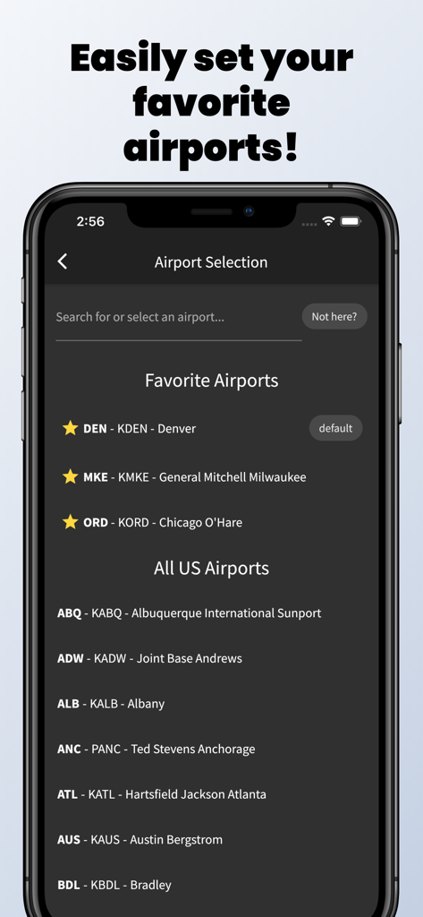 ATIS App - A mobile interface of the ATIS App showing the airport selection screen with favorite airports and a list of US airfields.
