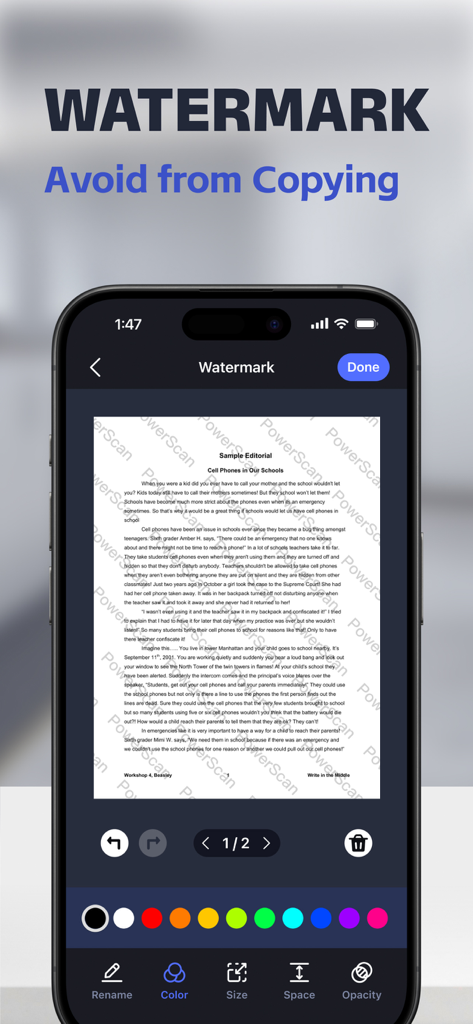 Power Scan-PDF Scanner - Interfaz de aplicación móvil que muestra cómo añadir una marca de agua de seguridad a un documento escaneado