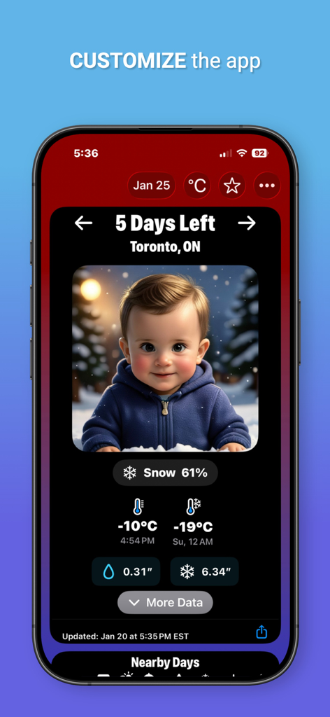 Please Don't Rain - Bitte nicht regnen App zeigt eine benutzerdefinierte Wettervorhersage für Toronto mit einem fünftägigen Countdown und einer Schnee-Vorhersage