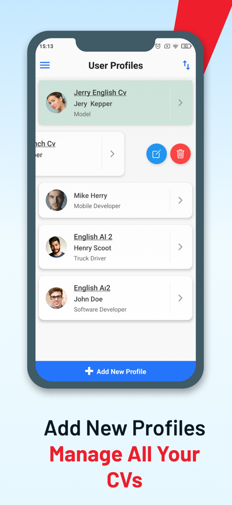 Boost CV & AI Resume Builder - User profile management screen in Boost CV app showing multiple resume drafts