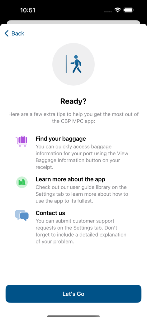 A screen in the Mobile Passport Control app showing travel tips baggage information and support options