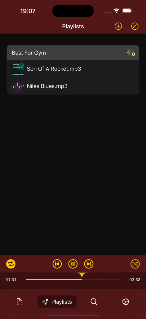 iMP3 app music playlist interface showing tracks and playback controls