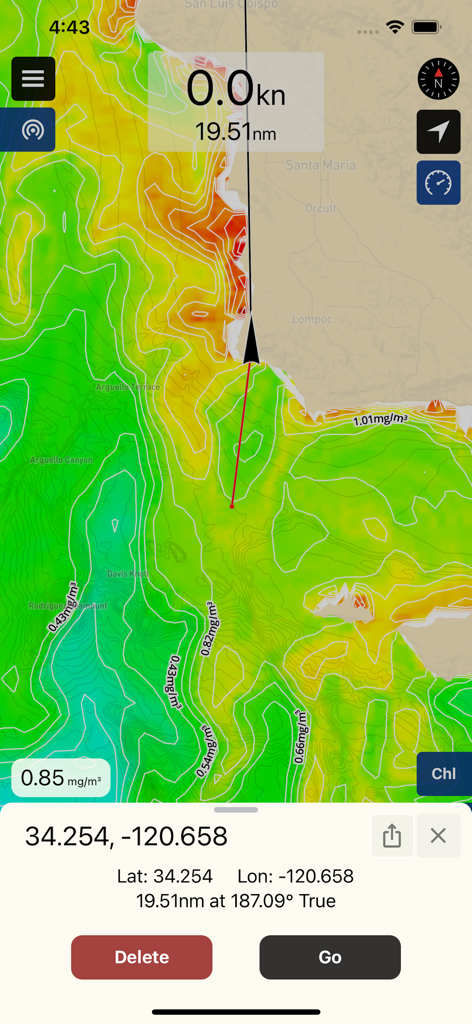 Mappa di navigazione dell'app BigBlue che mostra dati sulla concentrazione di clorofilla e coordinate dei waypoint per la pesca d'altura