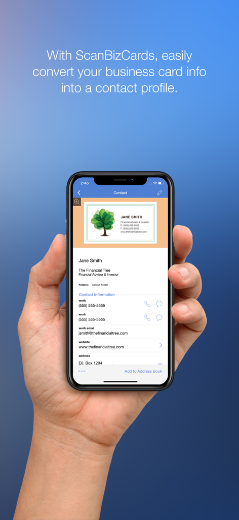 ScanBizCards - A hand holding a smartphone showing a physical business card converted into a digital contact profile within the ScanBizCards app