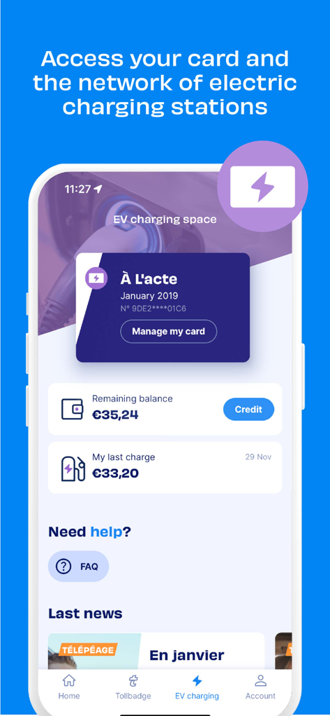 Fulli - Screenshot of the Fulli app EV charging interface showing account balance and recent charging activity