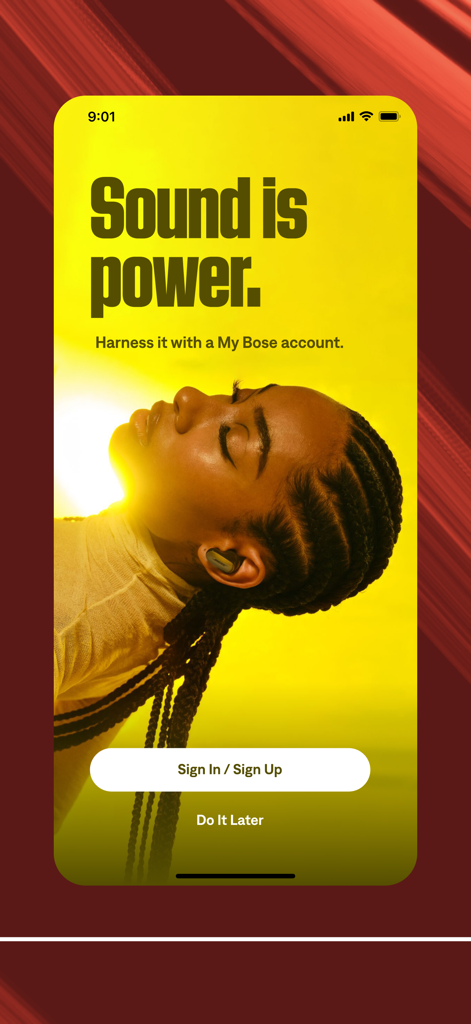 Bose app onboarding splash screen with a woman wearing earbuds and the slogan Sound is power