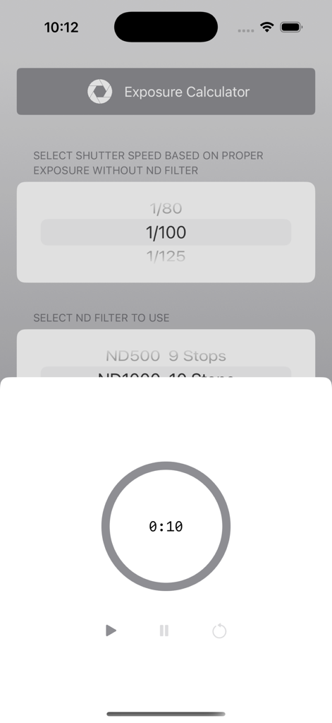 Exposure Calculator - Exposure Calculator app interface showing a countdown timer for long exposure photography