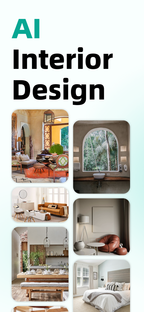 iArch - AI  Home Design - A collage of diverse interior design styles generated by iArch AI including living rooms, bedrooms, and bathrooms