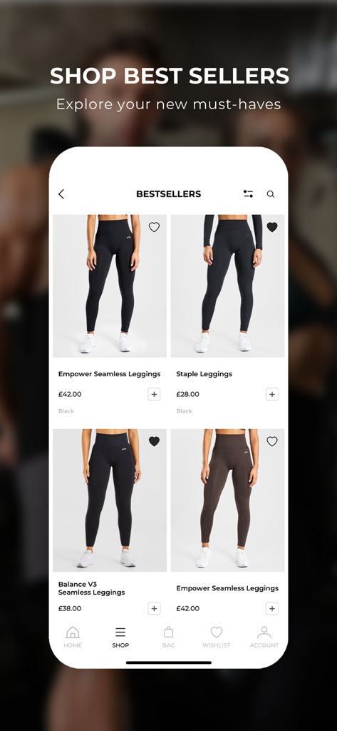 AYBL app screen showing the best sellers collection with various seamless leggings for women