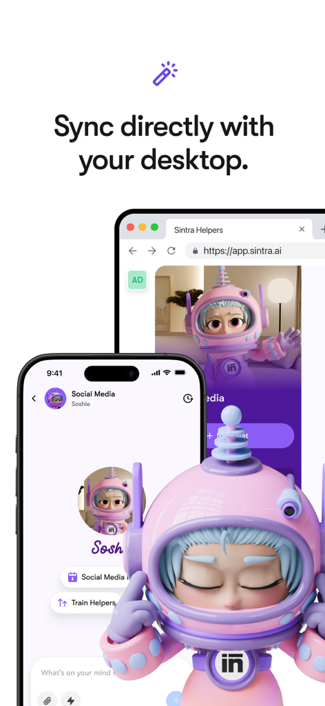 Interface do aplicativo Sintra AI mostrando sincronização entre telefone móvel e navegador desktop com um personagem de IA rosa