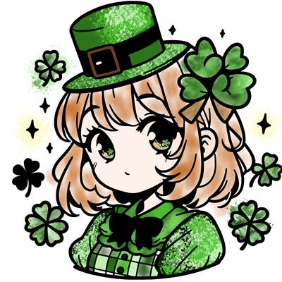 a manga-style girl with clovers around her, a little hat in her hair, like it's saint patrick's day