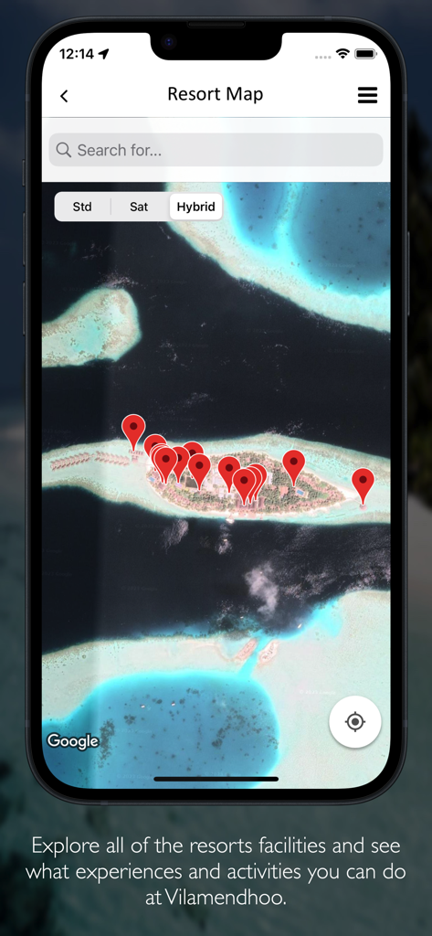 Vilamendhoo - A satellite map view of Vilamendhoo Island showing various facility markers and activities