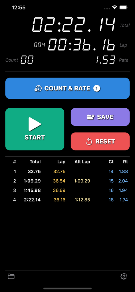 Stroke Rate Stopwatch - The main timing screen of the Stroke Rate Stopwatch app featuring large buttons and detailed lap data for swimming coaches.