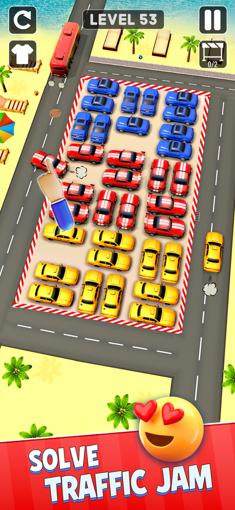 Drive Escape : Car Parking Jam - Gameplay screenshot of Drive Escape Car Parking Jam showing a logic puzzle with colorful cars in a parking lot.