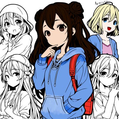 realistic anime girl with friends