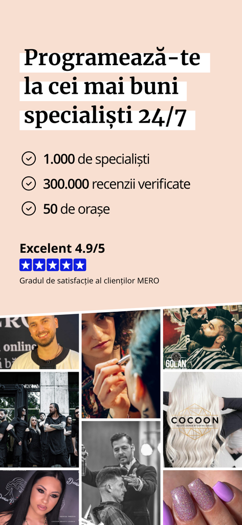 MERO - Programări Online - Introductory screen for MERO beauty app showing online booking features for stylists and wellness specialists