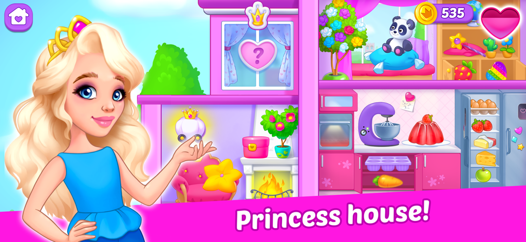 Doll Dream house! Life games! - Blonde princess character standing in front of her colorful digital dollhouse featuring a kitchen and living area