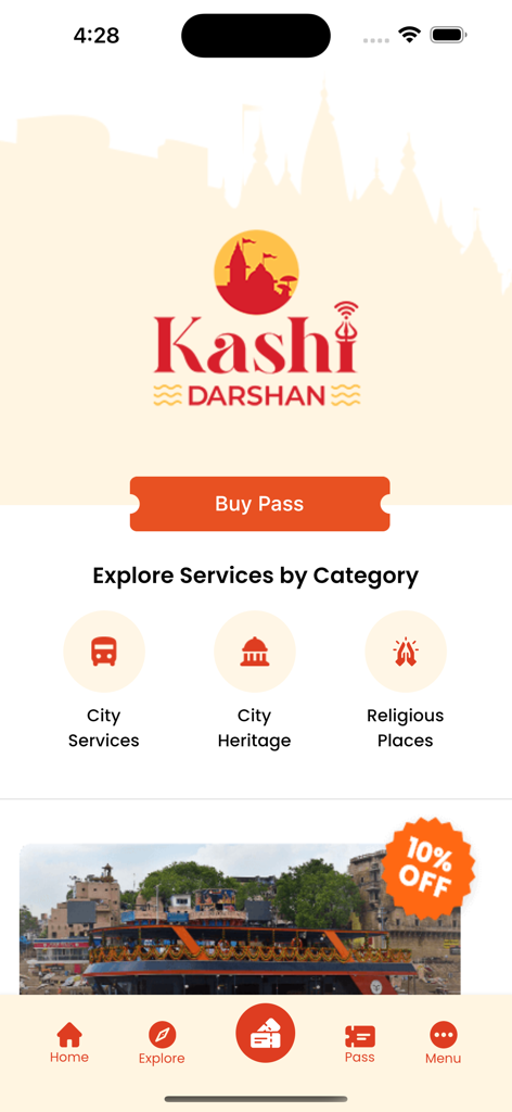 Kashi Darshan - Kashi Darshan mobile app home screen showing travel services pass booking and categories for city heritage and religious sites