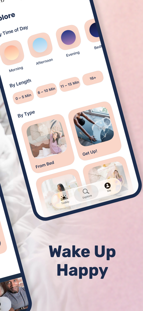 Yoga Wake Up: Alarm & Stretch - The explore screen of the Yoga Wake Up app showing session categories for different times of day and session lengths