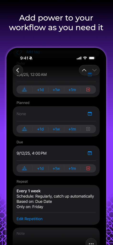 Interface móvel do OmniFocus 4 mostrando configurações detalhadas de agendamento e repetição de tarefas.