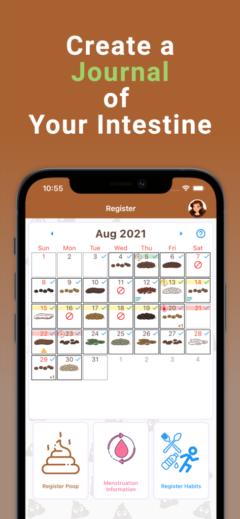 Happy Poop: Toilet Journal Log - Happy Poop app calendar showing daily bowel movement entries and health tracking buttons