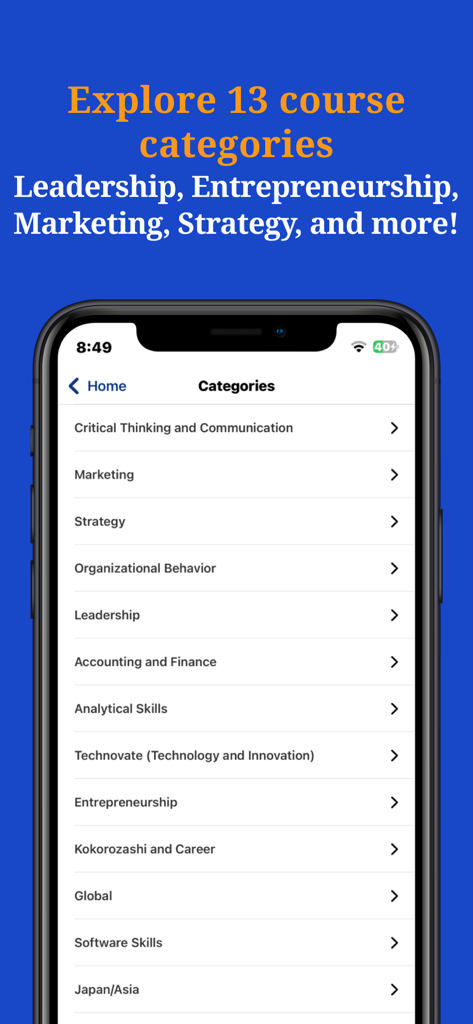 GLOBIS Unlimited - Pantalla de smartphone mostrando una lista de categorías de cursos de negocios en la aplicación GLOBIS Unlimited