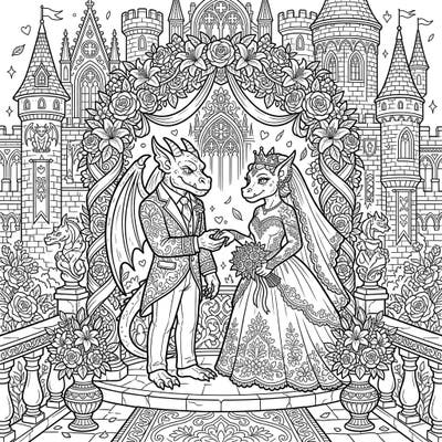 Step into a magical fairytale with this enchanting Castle Gargoyles Wedding coloring page, perfect for celebrating eternal love. Explore a beautifully detailed scene featuring dragon-like creatures exchanging vows against a magnificent castle backdrop.