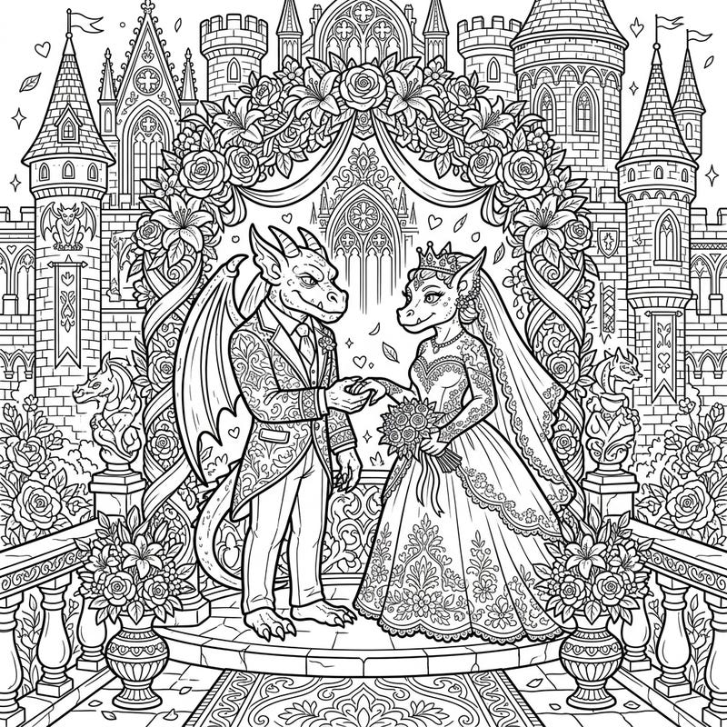 Step into a magical fairytale with this enchanting Castle Gargoyles Wedding coloring page, perfect for celebrating eternal love. Explore a beautifully detailed scene featuring dragon-like creatures exchanging vows against a magnificent castle backdrop.
