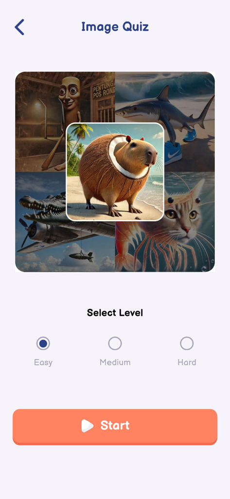 Italian Brainrot Quiz: Sounds - Écran de sélection des niveaux du mode Quiz Image d'Italian Brainrot Quiz avec des personnages mèmes surréalistes et un bouton de démarrage.
