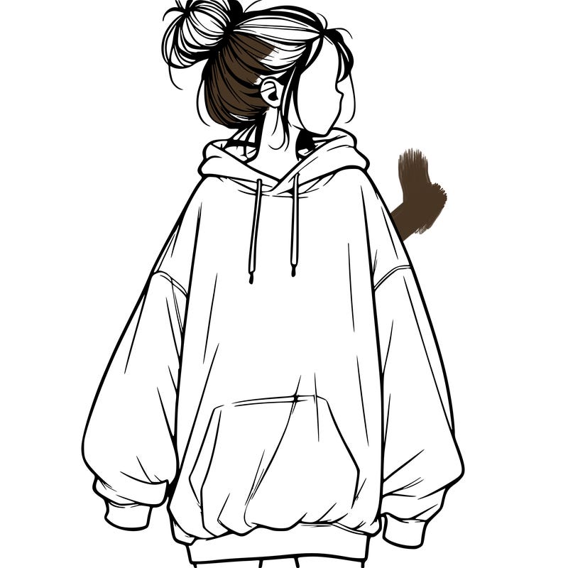 realistic girl with a oversized sweatshirt on and a bun