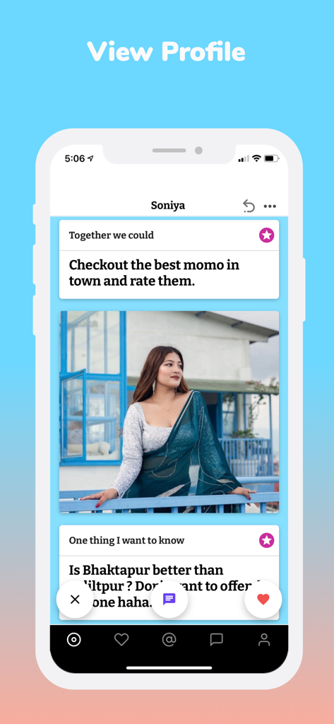 Mooche - Modern Nepali Dating - A profile view of the Mooche dating app featuring cultural prompts about Nepali food and cities