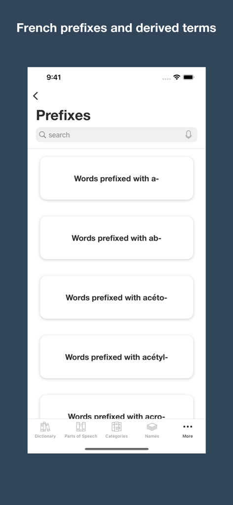 App interface displaying a categorized list of French prefixes and derived terms.