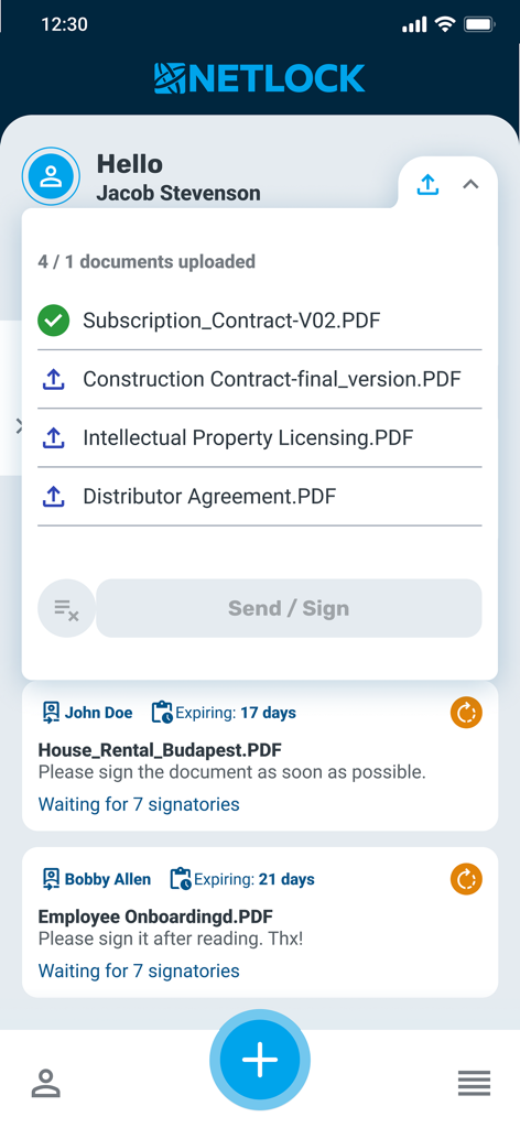 The Netlock mobile app interface showing a dashboard of uploaded contracts and PDF documents waiting for electronic signatures