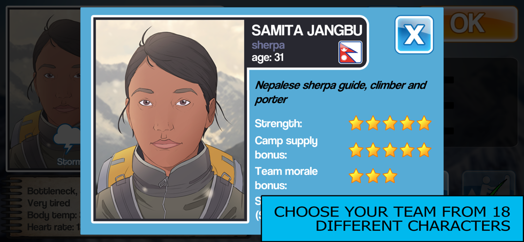 K2 Story - Character selection screen in K2 Story showing a Sherpa guide profile with skills like strength and morale