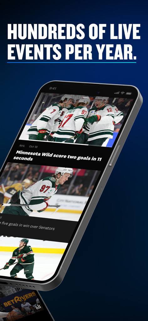 A smartphone screen displaying NHL highlights on the FanDuel Sports Network app with a headline about live sports events