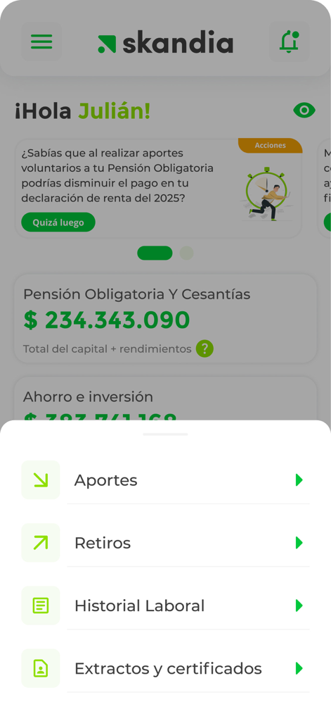 Skandia Colombia app home screen showing pension balances and financial services menu