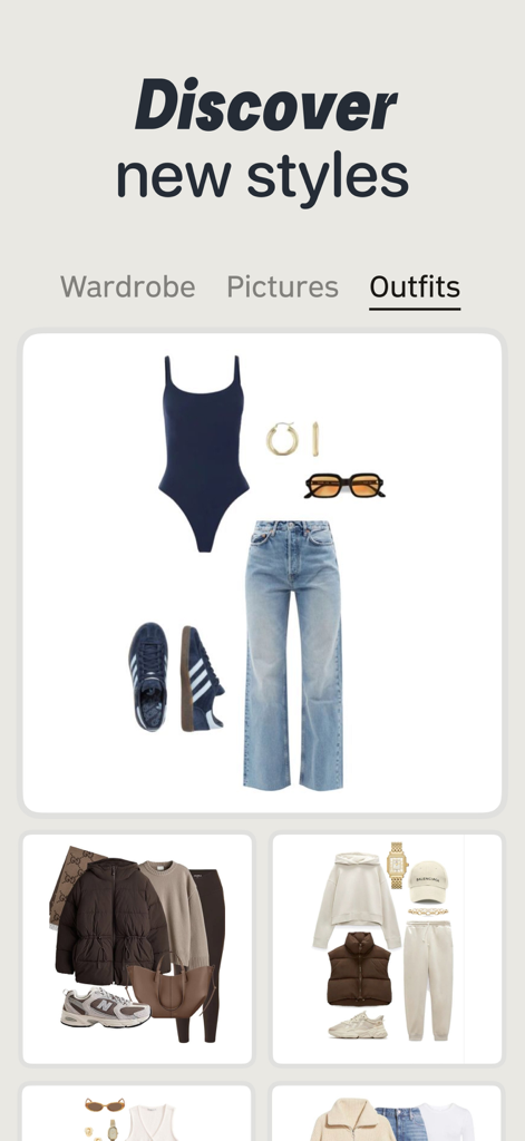 AI Clothes Changer: Stylist - App screen showing multiple outfit collages with clothes and accessories