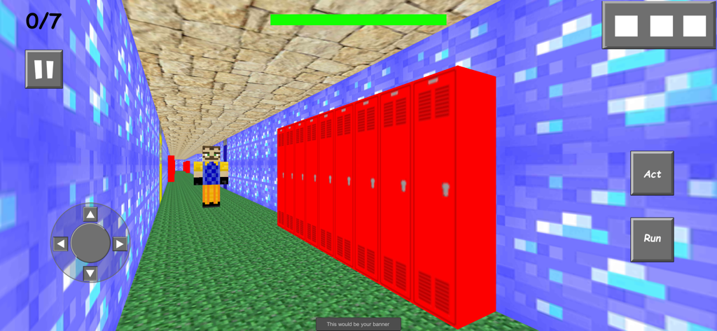 Neighbor Pixel Horror Craft 3D - Gameplay screenshot of Neighbor Pixel Horror Craft 3D showing a blocky hallway with red lockers and the neighbor character