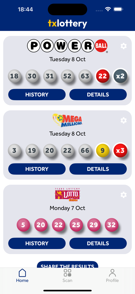 Texas Lottery Scanner - Texas Lottery Scanner app home screen displaying winning numbers for Powerball Mega Millions and Lotto Texas Extra