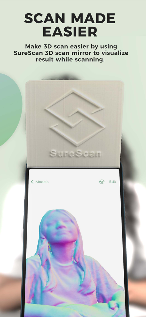SureScan 3D Scanner, 3D App - A smartphone using the SureScan 3D scan mirror attachment to visualize a 3D model of a person in real time