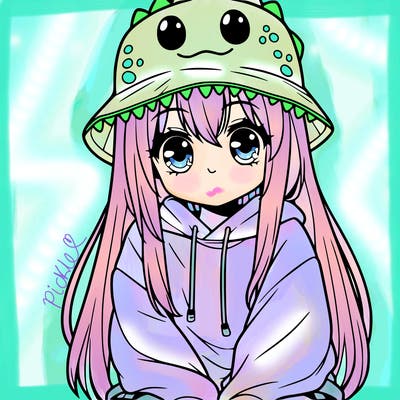 girl with anime shaped eyes with a dinosaur bucket hat oversized sweatshirt long straight hair