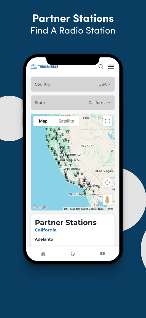 THRU the BIBLE App - A map interface within the Thru the Bible app showing partner radio station locations in California